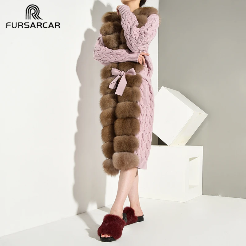 Модный женский шерстяной свитер, 3 цвета, пальто из натурального меха с воротником из лисы, шерстяное вязаное пальто из натурального меха, зимняя длинная верхняя одежда