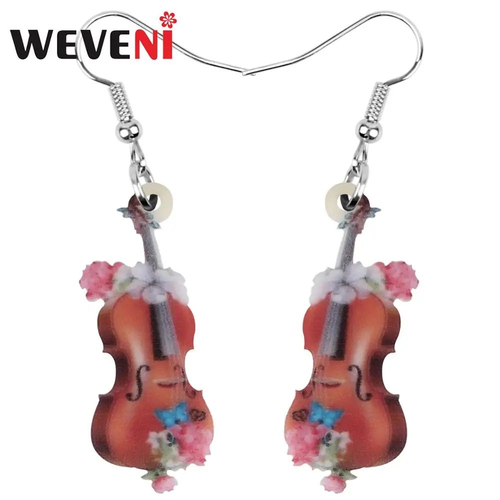 Weveni Acrylic Antique Floral Violin Fiddle Earrings Instrument Drop