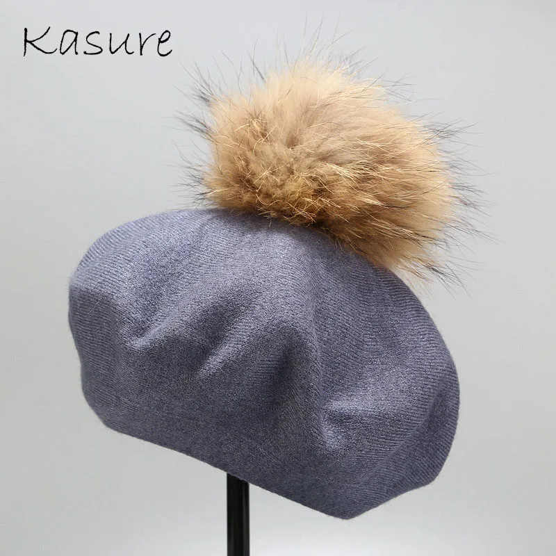 KASURE, новые модные Роскошные шерстяные береты с искусственным мехом, помпоны для женщин, кашемировая зимняя теплая шапка, элегантный берет для девочек, плоские шапки