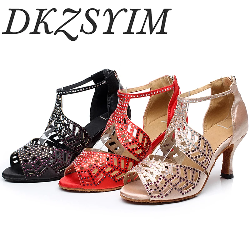 

DKZSYIM Women Latin Dance Shoes Satin Shining rhinestones Ladies Girls Tango Salsa Shoes Open Toe High Heels 6-10cm