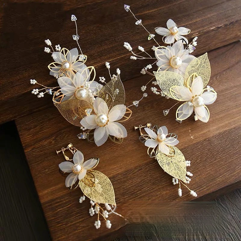 The new bridal headdress Korean gold super fairy string Zhusen tie wedding hair accessories earrings set wedding accessories