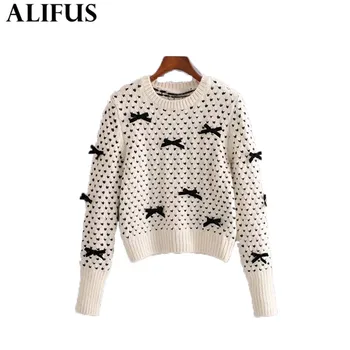 

Fashion Za Women Sweaters 2019 Stylish Bow Tie Decoration O-Neck Casual Long Sleeve Loose Knitting Pullover Sweater Jumper Tops