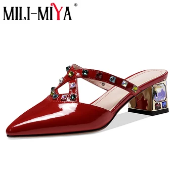 

MILI-MIYA Fashion Women Cow Leather Sandals Pointed Crystal Square Heels Solid Color Slip-On Dress Summer Shoes Plus Size 34-42