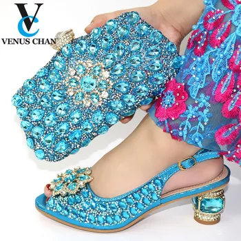 

Sky Blue Spring Special Design Nigerian Ladies Shoes and Bag to Match with Shinning Crystal Women Slipper for Wedding and Party