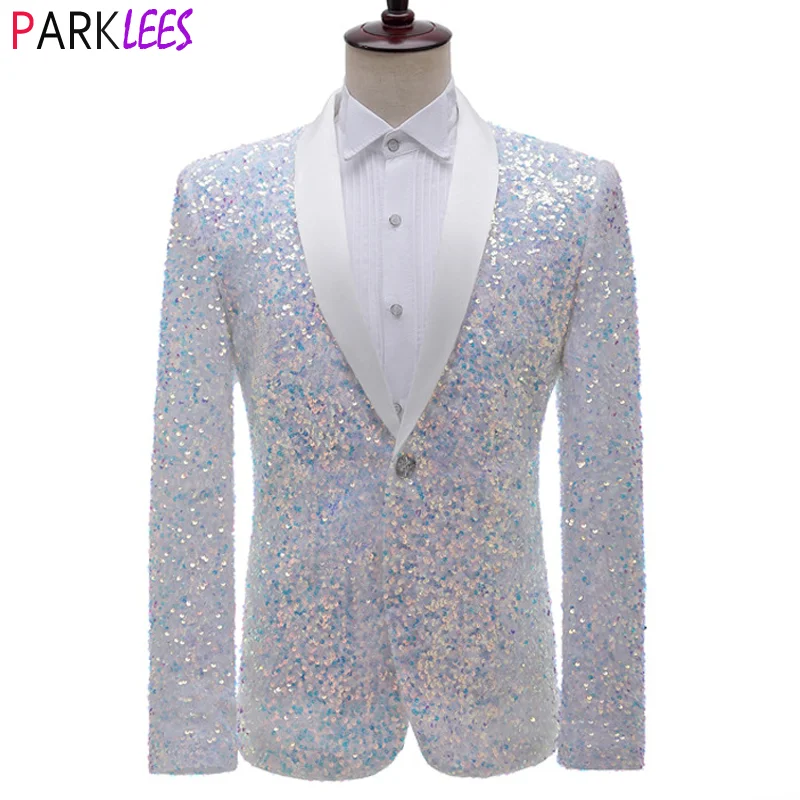 Shiny White Sequin Glitter Tuxedo Blazer Men 2020 New Shawl Collar One Button Dress Suit Jacket Mens Wedding Party Stage Clothes