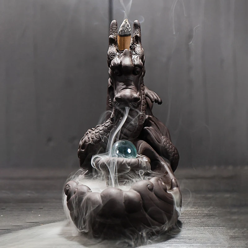 

Purple sand Backflow Incense Burner Creative Home Decor Dragon Incense Holder Censer With Crystal Ball + 10Pcs Incense Cones