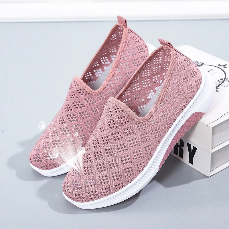 Tenis malla transpirable para mujer, zapatillas planas sin cordones, baratas, para de tenis| -