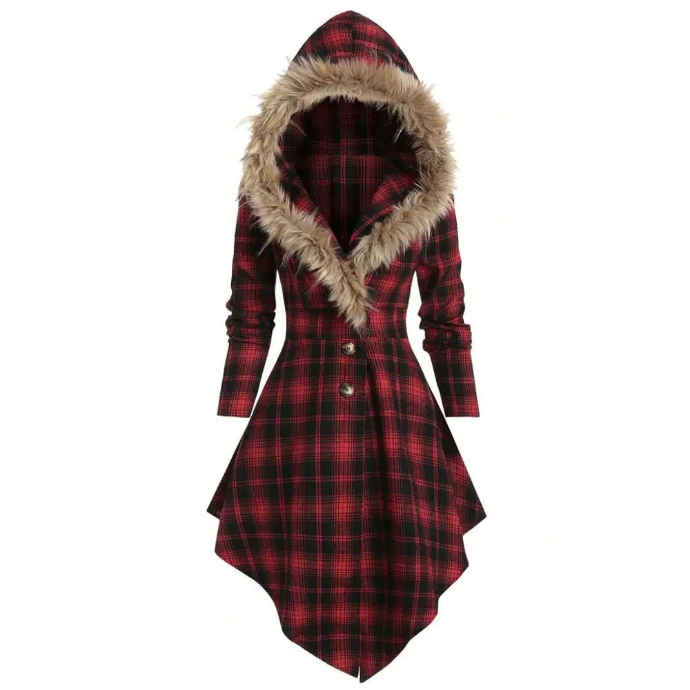 

Plus Size Women Long Sleeve Plaid Printed Plush Hooded Button Asymmetric Long Coat Female Casual Back Lace Up Jackets For 2019