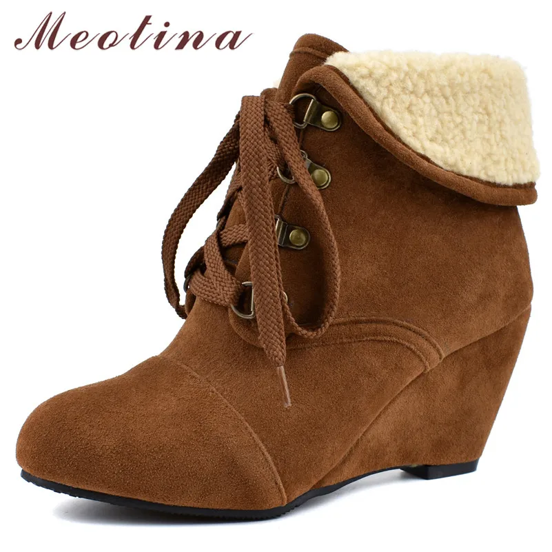 

Meotina Winter Ankle Boots Women Boots Lace Up Wedges High Heel Short Boots Plush Round Toe Shoes Ladies Autumn Large Size 34-46