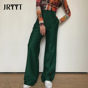 

JRYYT High Waist Solid Wide leg Pants Women Casual Loose Long Trousers Women Pockets Button Cotton Pantalones Femme 2020 Zipper