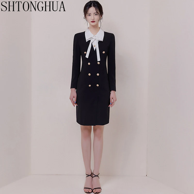 

SHTONGHUA New Autumn 2019 Women Designer Runway Black Knee Length Long Sleeve Vintage Bow Peter Pan Collar Party Pencil Dress