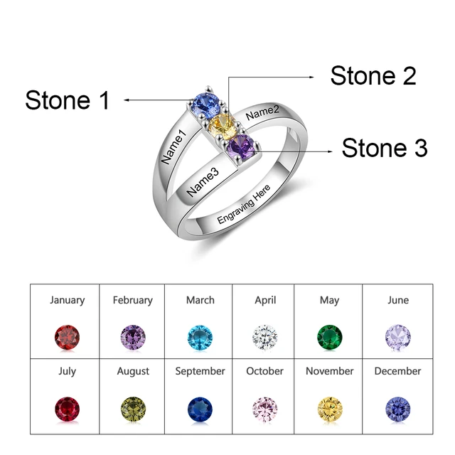 Mothers Ring with 3 Round Birthstones 4 Names Engraved - PaulaMax Jewelry