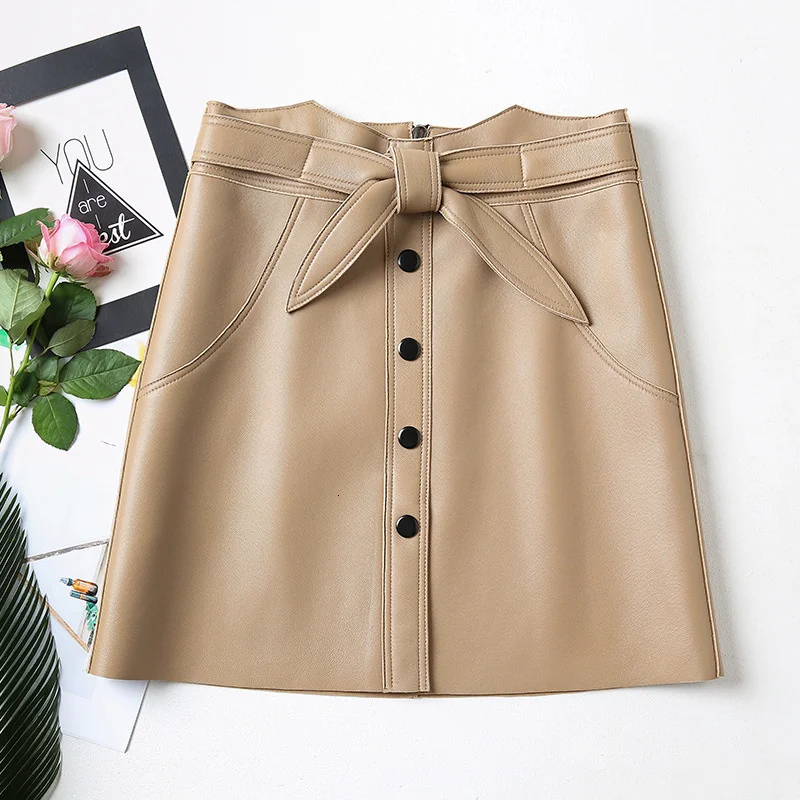 

Womens Genuine Leather Skirt Women Natural Real Sheepskin Office Ladies High Waist Elegant Mini Short A-Line Skirts Work Wear