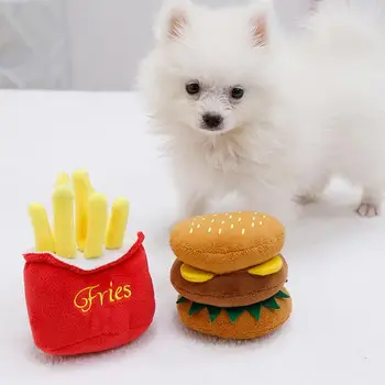 

2pcs Multicolor Dog Chew Toy Realistic Hamburger French Fries Shape Plush Puppy Squeaky Toy Cat Interactive Toy Pet Supplies