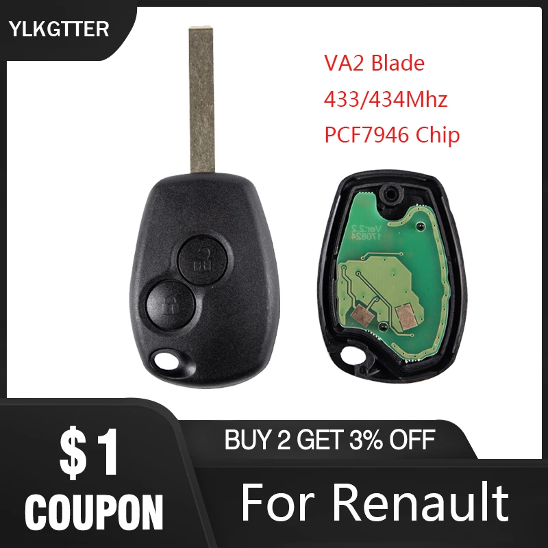

YLKGTTER Remote Car Key For Renault Duster Modus Clio Twingo Dacia Logan Sandero with 433/434Mhz Chip PCF7946 & Uncut VA2 Blade