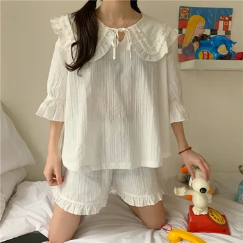 

Summer Sweet Ruffled Pyjama Femme Simple Solid Casual Home Clothes 2pcs Bandage Loose Shorts Sleepwear Set Comfortable Soft S809