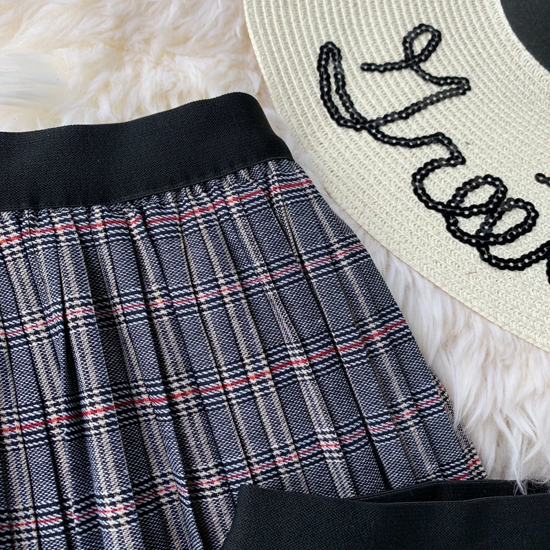 Woherb Винтаж Harajuku клетчатая Высокая талия женские плиссированные юбки осенние длинные юбки эластичная талия линия лоскутное кружево Faldas Mujer