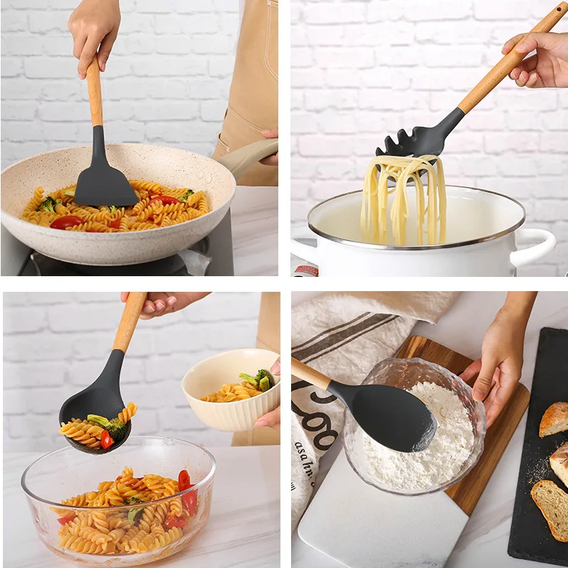 Cooking Utensils Kitchen Accessories Wood Handel Silicone NonStick Cooking Tool