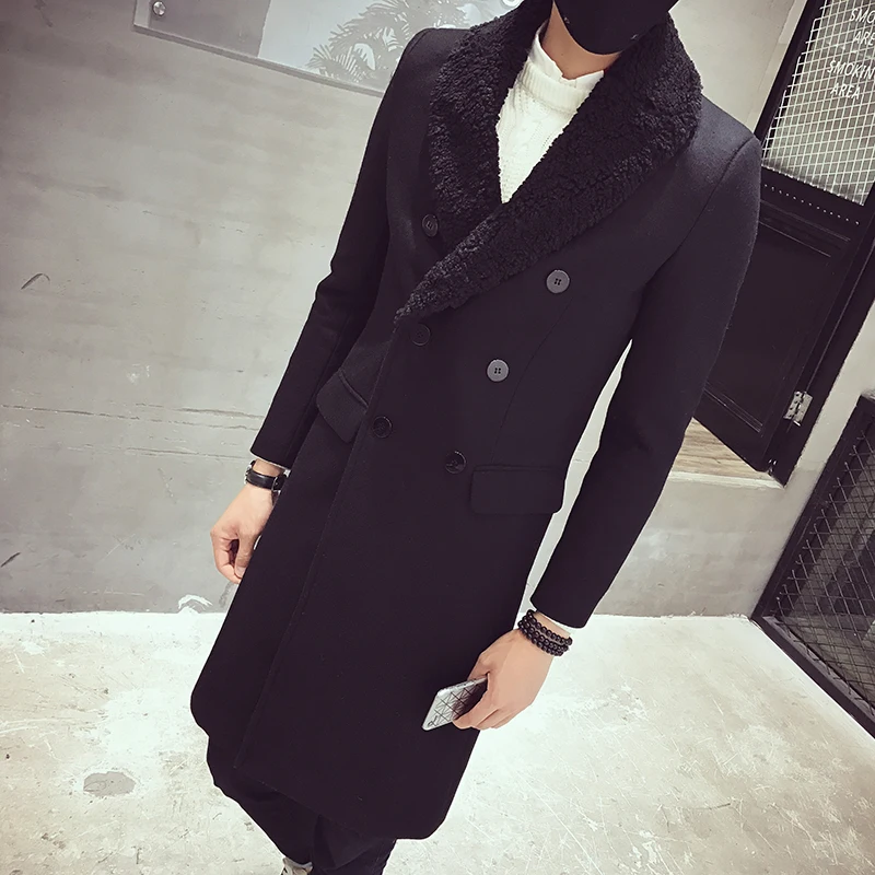 Тренч, мужское зимнее модное длинное пальто с меховым воротником, модное двубортное зимнее пальто с карманами для мужчин, XL, 3XL