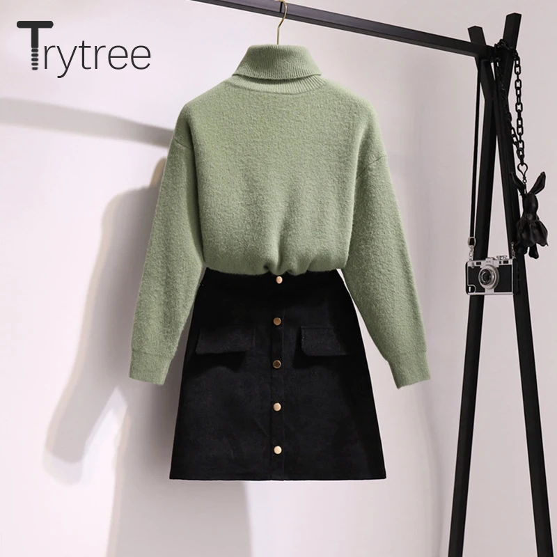 Trytree, осенне-зимний комплект из двух предметов, повседневный вязаный Однотонный свитер с высоким воротом, топ+ юбка на пуговицах, мини-комплект трапециевидной формы, комплект из 2 предметов