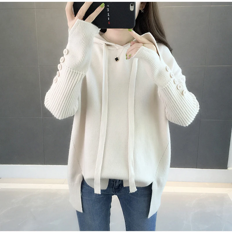 Casual Hooded Sweater 2019 New Autumn Winter Korean Style Women Loose Solid Button Knitwear Female Pullover Sweater Sueter