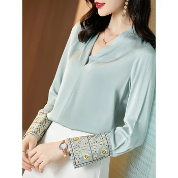 

2020 New Women Blouse 100% Silk Cuff Embroidery Long Sleeve Office Lady V-neck Spring Summer Shirt