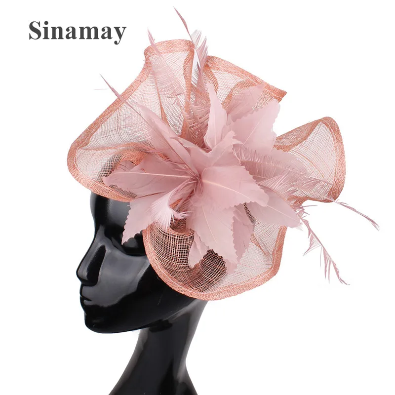 

Women Peach Sinamay Wedding Fascinator Hats Headbands Bride Occasion Headwear Hair Clip Cocktail Race Hair Accessories Fancy