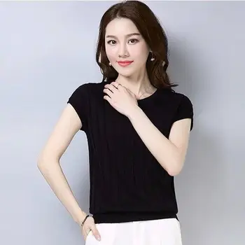 

Short sleeve T-shirt women's summer thin black bottoming shirt with large thread round neck half sleeve top