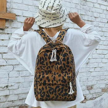 

Fashion Female Backpack Leopard Print Corduroy Dual-Straps Woman Travel Backpack Large Capacity Girl School Shoulder Bag