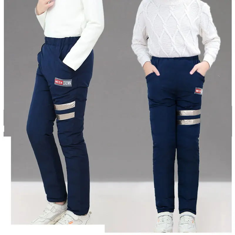 Navy blue Зимние штаны для девочек ветрозащитные брюки для мальчиков, одежда с обеих сторон, высококачественные водонепроницаемые штаны для малышей, детская одежда для подростков 4-14T - Цвет: Navy blue