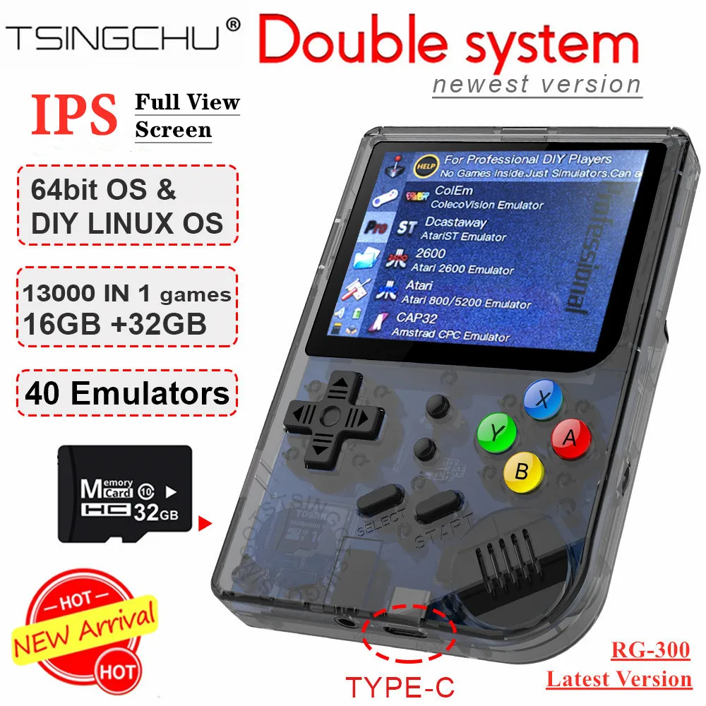 

TSINGO RG300 RetroFW Linux Double System Retro Game Console Full View 3.0 inch IPS Screen 13000+ Games in 32GB Card Game Player