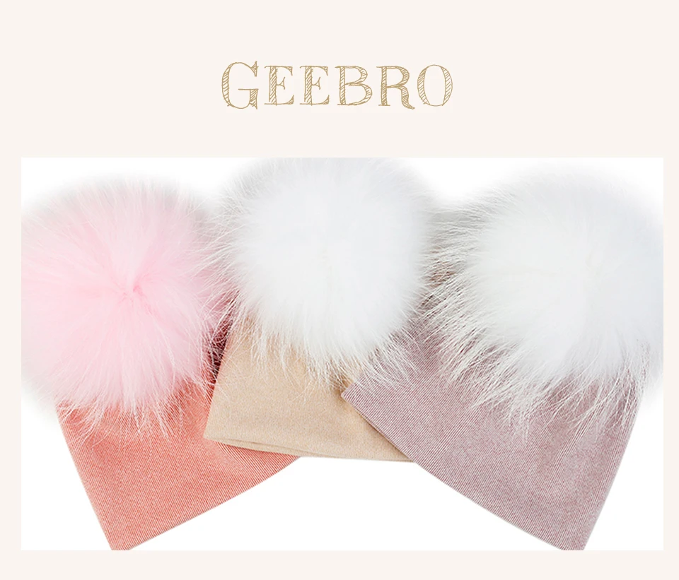 Geebro/разноцветные хлопковые шапки-бини с натуральным мехом для новорожденных девочек и мальчиков, шапки, мягкие зимние детские эластичные вязаные подарки