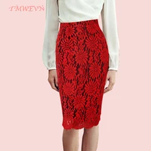 TMWEVN Bodycon Skirt Red Sexy Party Floral Embroidery Lace Pencil Skirt Office Ladies High Waist Knee Length Mini Skirts