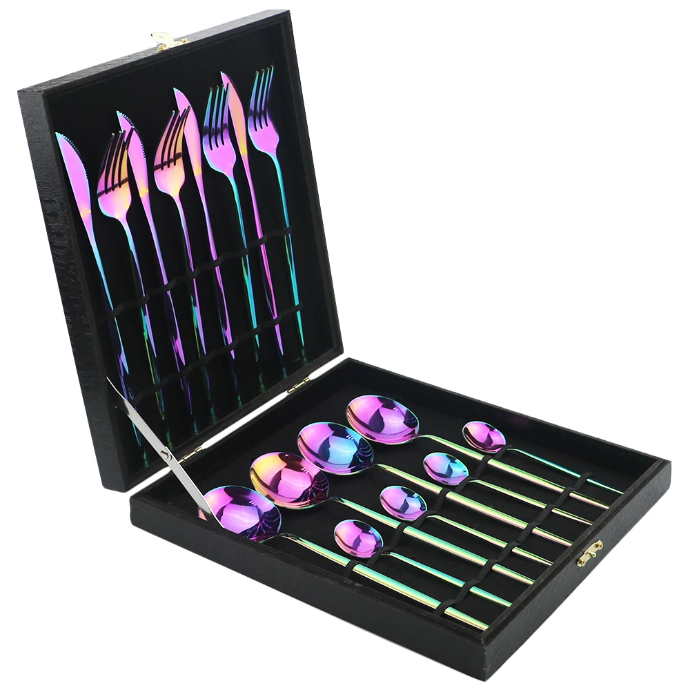 16pcs Colorful Luxury Rainbow Dinnerware Set Knife Fork Spoon Gold Cutlery 304 Stainless Steel Tableware With Gift Box | Дом и сад