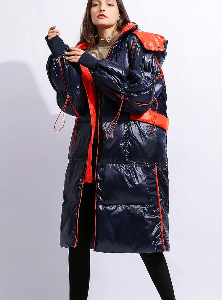 Зимняя теплая куртка-пуховик красного и синего цвета с удлиненным толстым пухом женская теплая куртка из глянцевой ткани пушистое пуховое пальто в стиле хлеба для холодной погоды F240