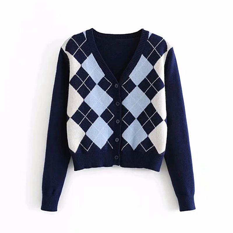 

Vintage Stylish Geometric Rhombic Cardigan Sweater Women 2020 Fashion Autumn Warm Long Sleeve Sweaters Outerwear Chic Tops