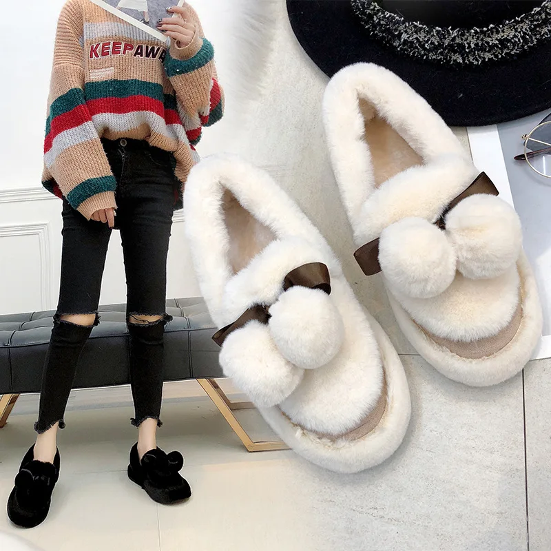 

Shoes Woman Moccasin Flats 2019 Winter Cow Suede Fur Fluffy Warm Slip-On Solid Square Toe Loafers Women Soft Ballet Flats Shoes