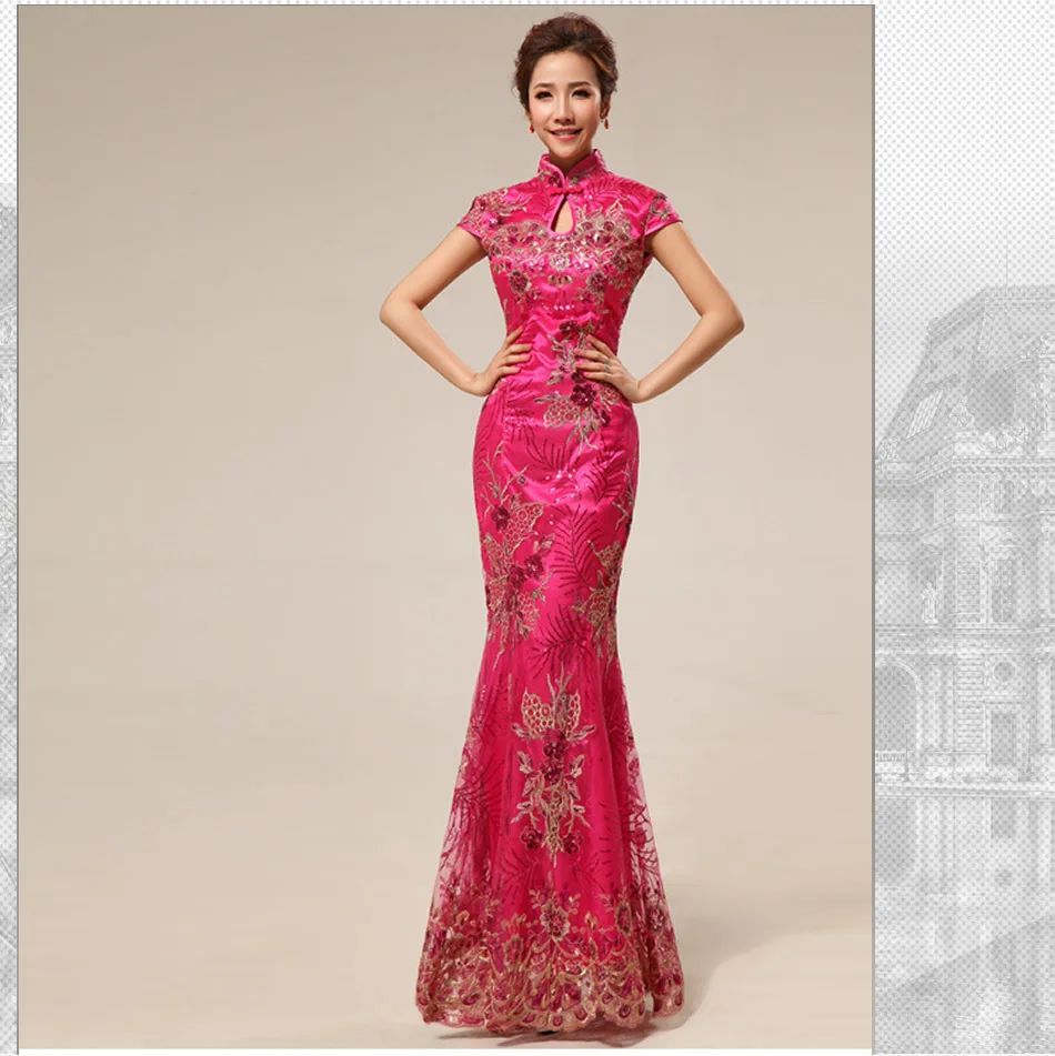 Modern Chinese Traditional Dress Qipao Red Lace Bride Vintage Cheongsam