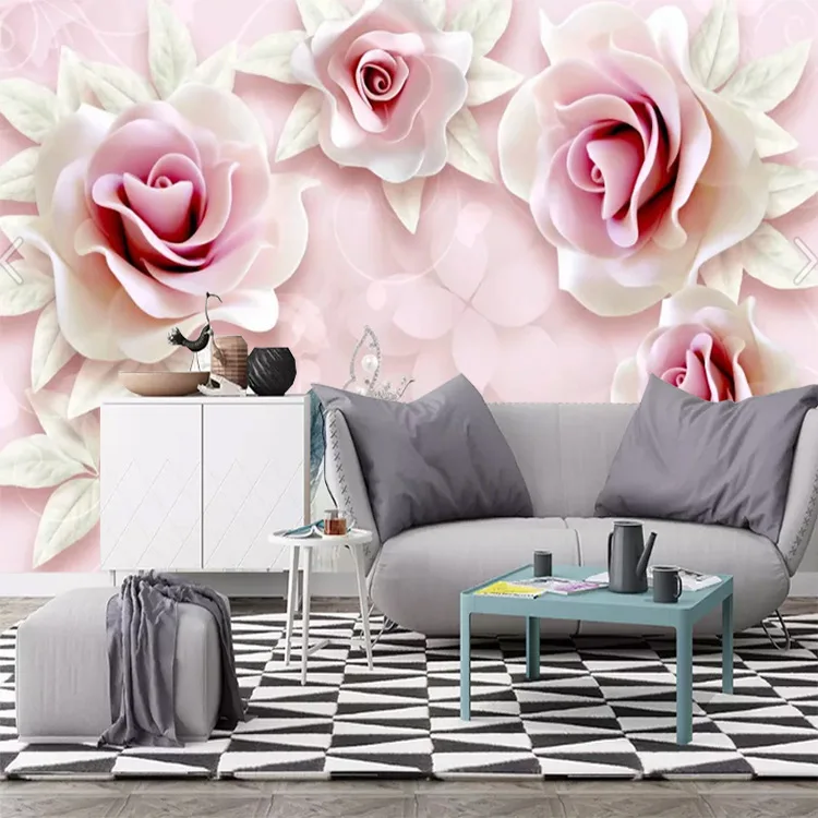 

Customizable Living Room Sofa Wallpaper Mural Fresh Simple 3D Relief Pink Roses 3D TV Backdrop