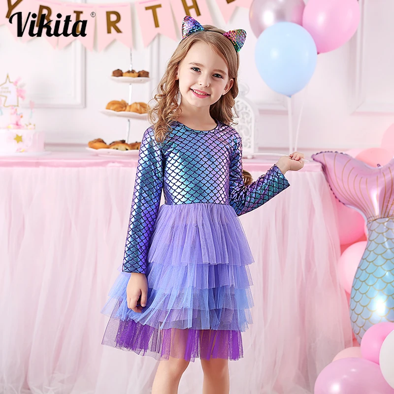 VIKITA-vestido de princesa para niña, tutú para fiesta de cumpleaños y otoño, Vestidos infantiles para niñas, disfraces de Navidad para niños