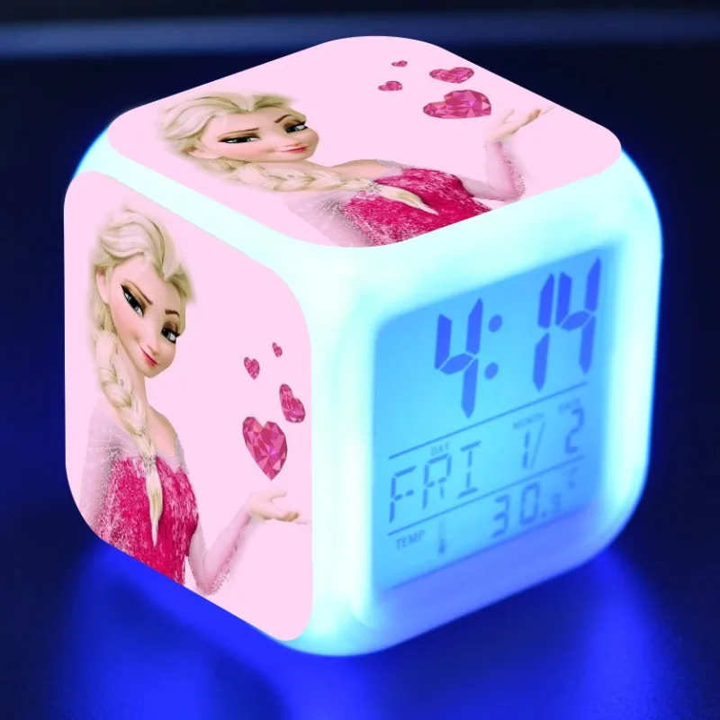 Сказочная принцесса Эльза Анна светодиодный Будильник 7 цветов меняющийся цифровой будильник термометр фигурка игрушка для подарка на Рождество