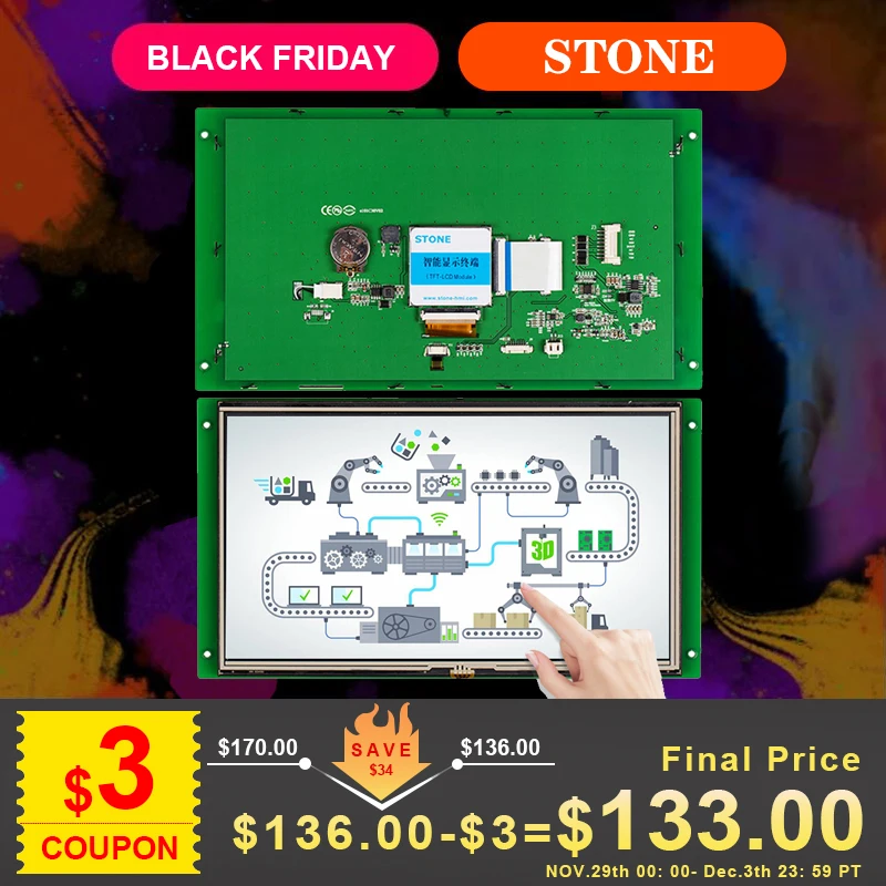7" TFT display module with touch screen & CPU & RS232/ TTL port for equipment