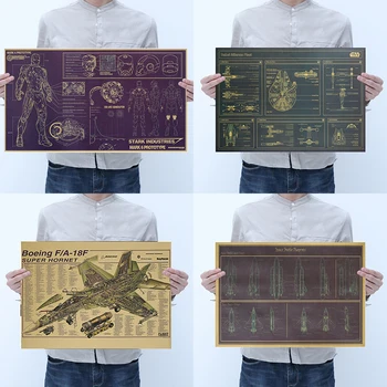 

F18 Super Hornet Rocket Sketch Star Wars Aircraft Iron Man Mechanical Drawing Kraft Retro Poster Decorative Painting