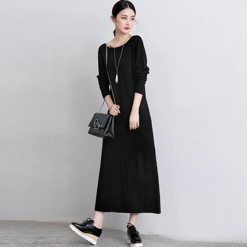 

2017 Autumn And Winter New Style Horizontal Neck Hem Back Slit Cashmere Wool Dress Loose-Fit Knit Long Dress