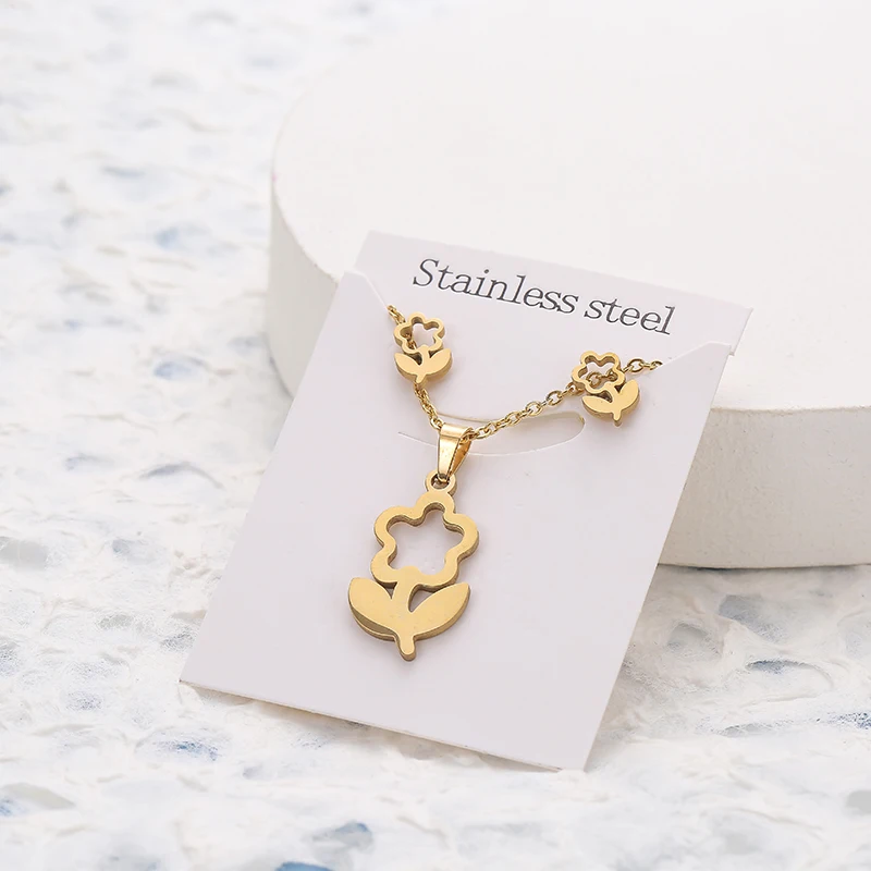 Jewelry Set Animal Flower Butterfly Stainless Steel Pendant Necklace Gold Color Chain Earrings For Women Gifts