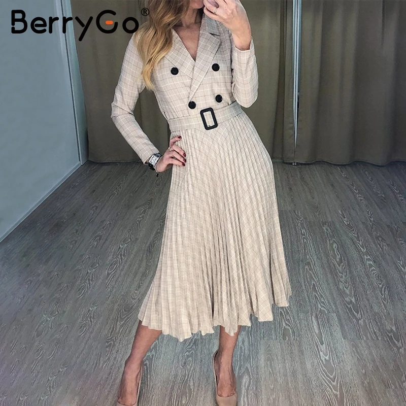 BerryGo V-образным вырезом на пуговицах ремень женское платье Элегантный блейзер плиссированные A-Line офисные женские платья с длинным рукавом осень