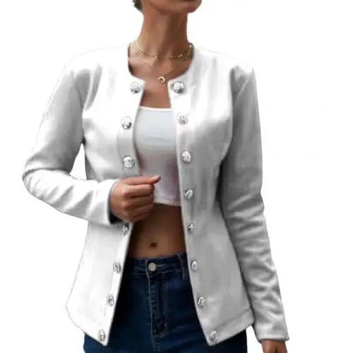 Женский блейзер офисный женский однотонный двубортные с пуговицами длинный рукав зубчатый длинный женский пиджак нейлон/полиэстер/спандекс - Цвет: Белый