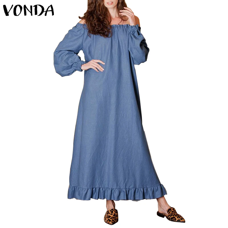 VONDA/платье для беременных; сезон осень-лето года; повседневное Свободное платье с рукавами-фонариками; Vestido; длинное платье-макси с открытыми плечами; Femme; сарафан; 5XL - Цвет: Небесно-голубой