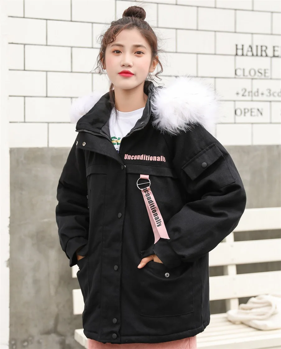 

Winter New Style Korean-style College Style Loose Thick Cotton Overcoat Student BF Cotton-padded Jacket Harajuku Large Fur Colla