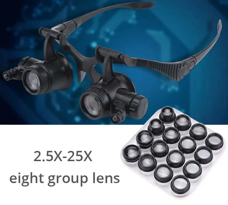 2.5X 4X 6X 8X 10X 15X 20X 25X Multi-Power Double LED Lights Magnifier Eye Glasses Watch Repair Loupe Jeweler Magnifying Glass fabric tape measure